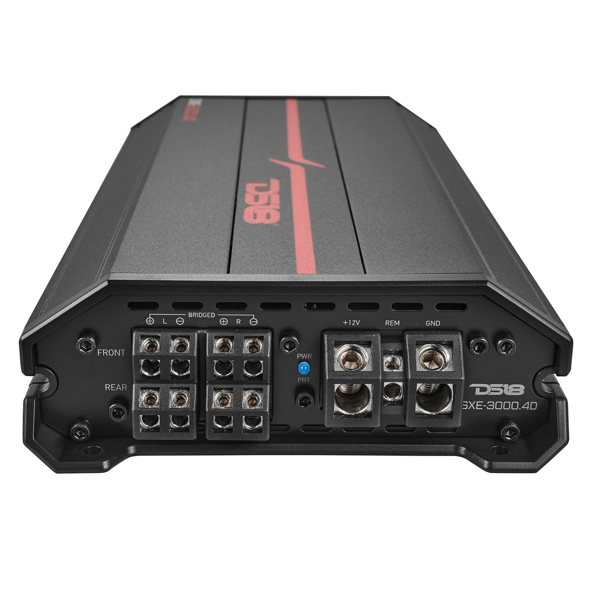 DS18 SXE-3000.4D amplifier right side showing RCA inputs and power LED indicators