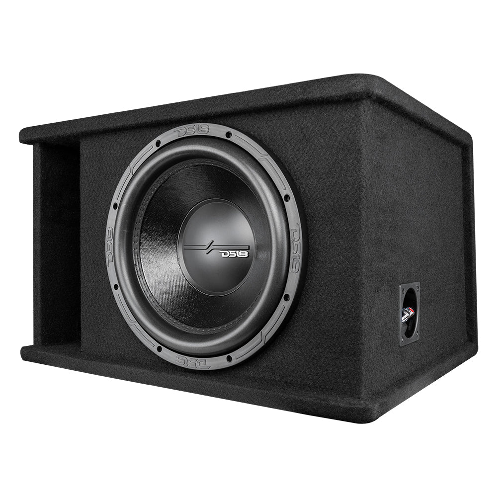DS18 ZR112LD ported enclosure angled left view showing subwoofer and port