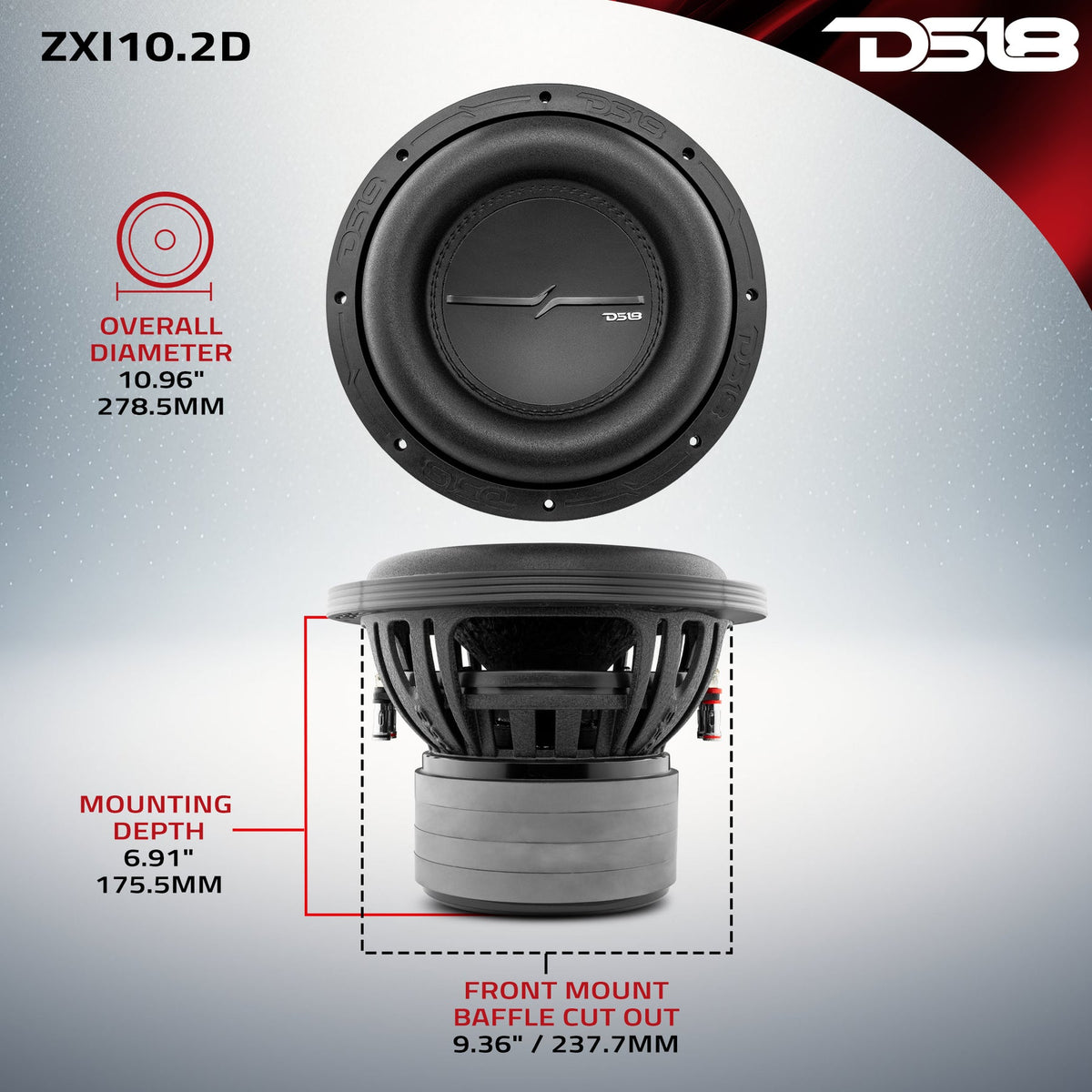 DS18 ZXI10 10-inch subwoofer dimension diagram with mounting depth and cutout measurements