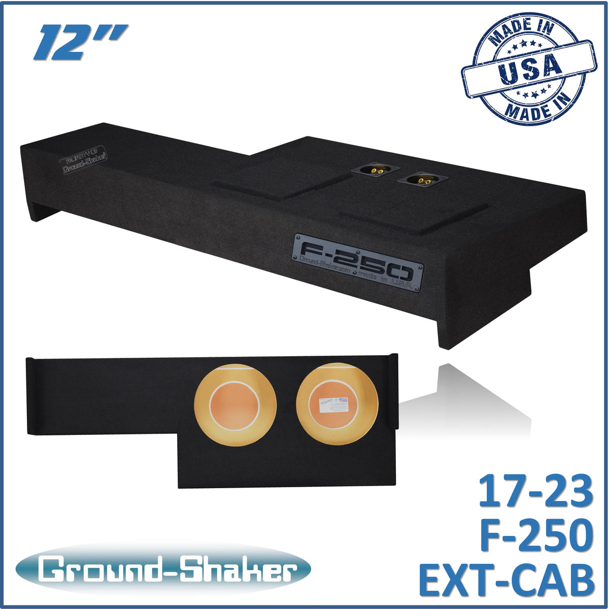 Ground Shaker GS-AF250212B dual 12 inch sealed subwoofer enclosure for 17-23 Ford F-250 Ext Cab, front view