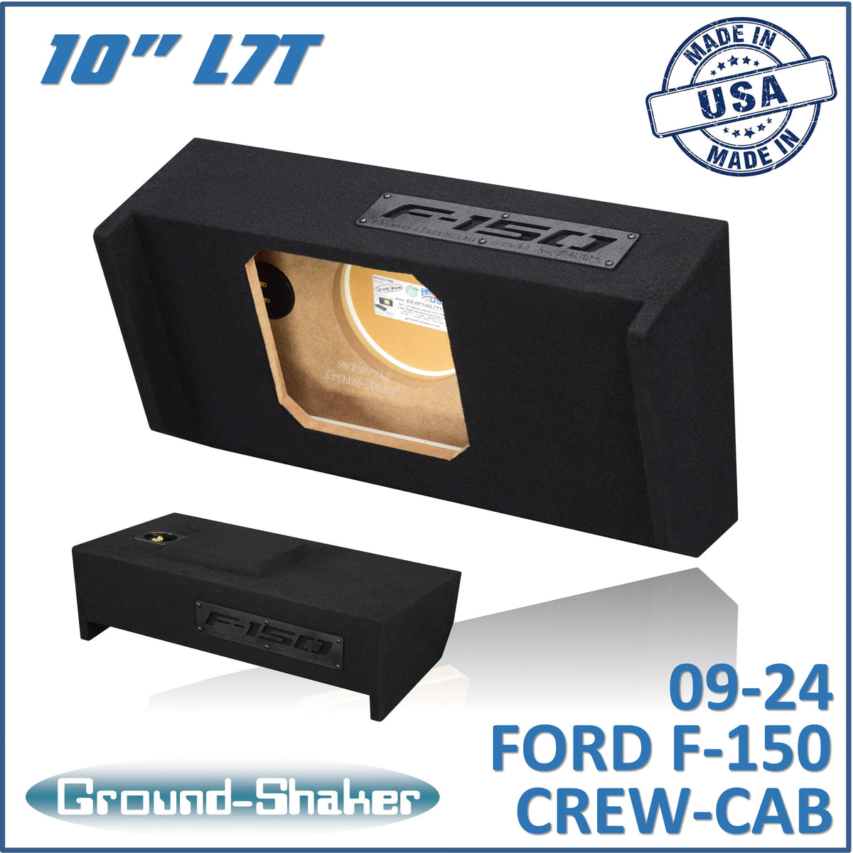 Ground Shaker GS-DF150L7T110B single 10 inch sealed L7T sub box for 09-26 Ford F-150 Crew Cab, front view
