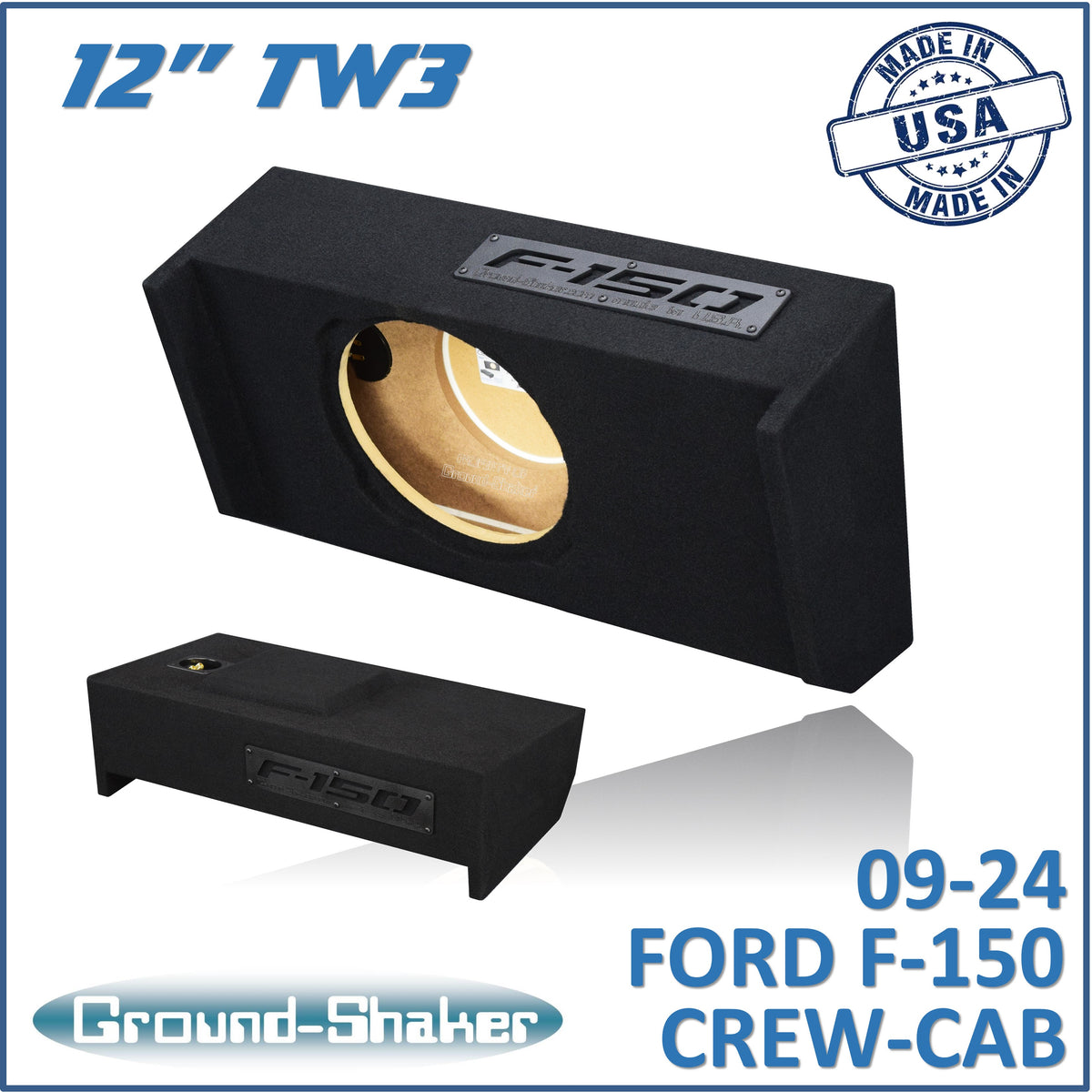 Ground Shaker GS-DF150TW3112B single 12 inch sealed TW3 subwoofer enclosure for 09-26 Ford F-150 Crew Cab
