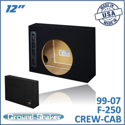 Ground Shaker GS-F250112B single 12 inch sealed sub box for 99-07 Ford F-250 Crew Cab — front view