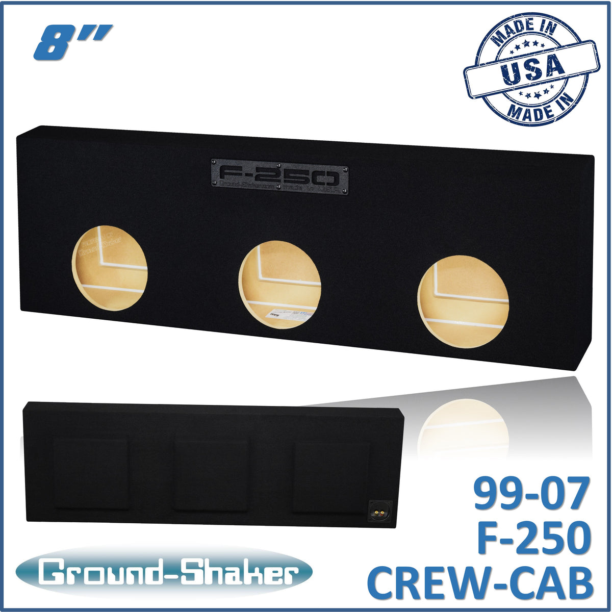 Ground Shaker triple 8 inch sealed subwoofer enclosure for 99-07 Ford F-250 Crew Cab, front view