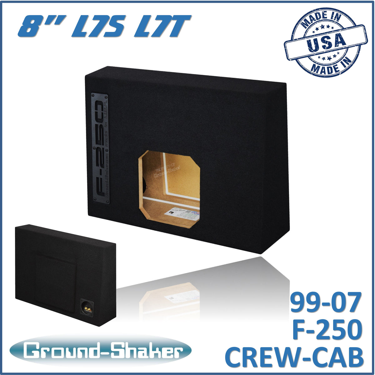 Ground Shaker GS-F250KK18B single 8 inch sealed Solo-Baric-style subwoofer enclosure for 99-07 Ford F-250 Crew Cab, front view