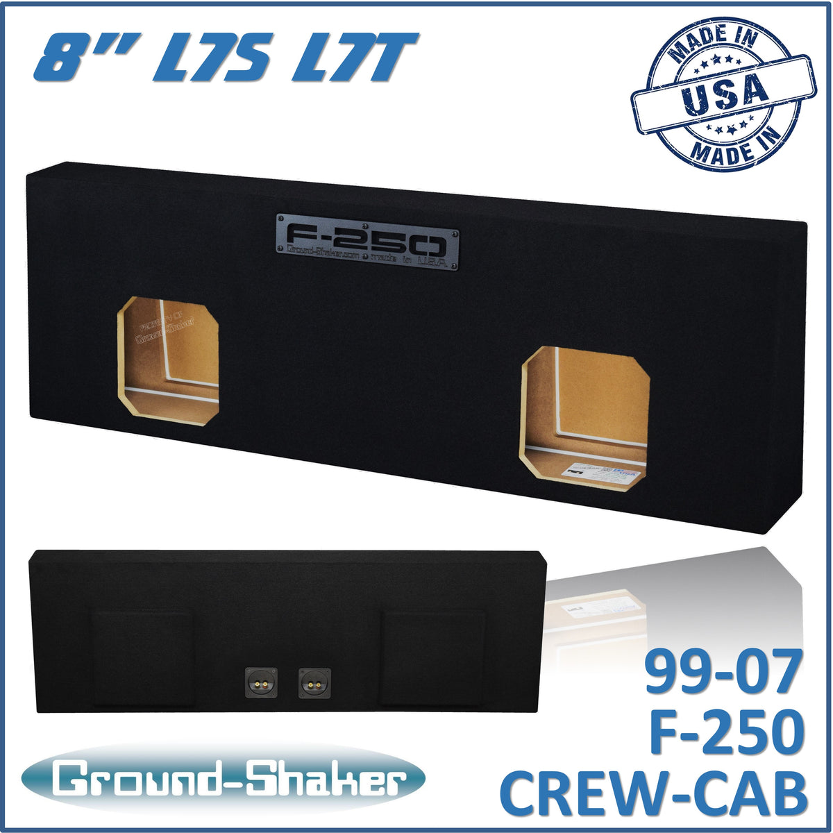 Ground Shaker GS-F250KK28B dual 8 inch sealed Solo-Baric-style subwoofer enclosure for 99-07 Ford F-250 Crew Cab, front view