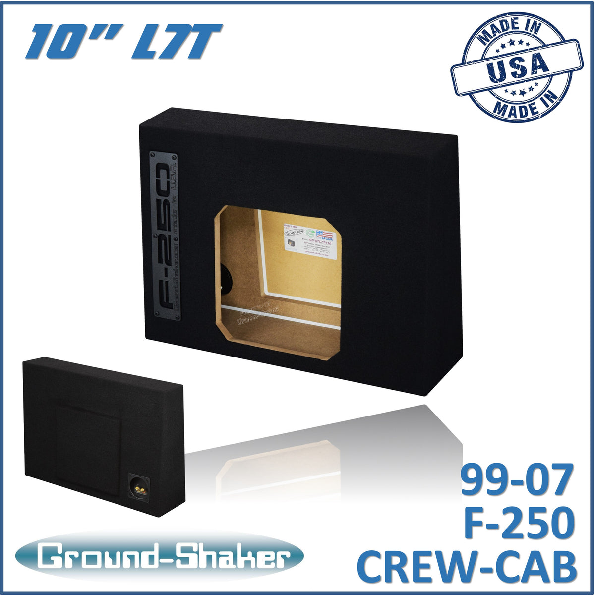 Ground Shaker GS-F250L7T110B single 10 inch sealed L7T subwoofer enclosure for 99-07 Ford F-250 Crew Cab, front view