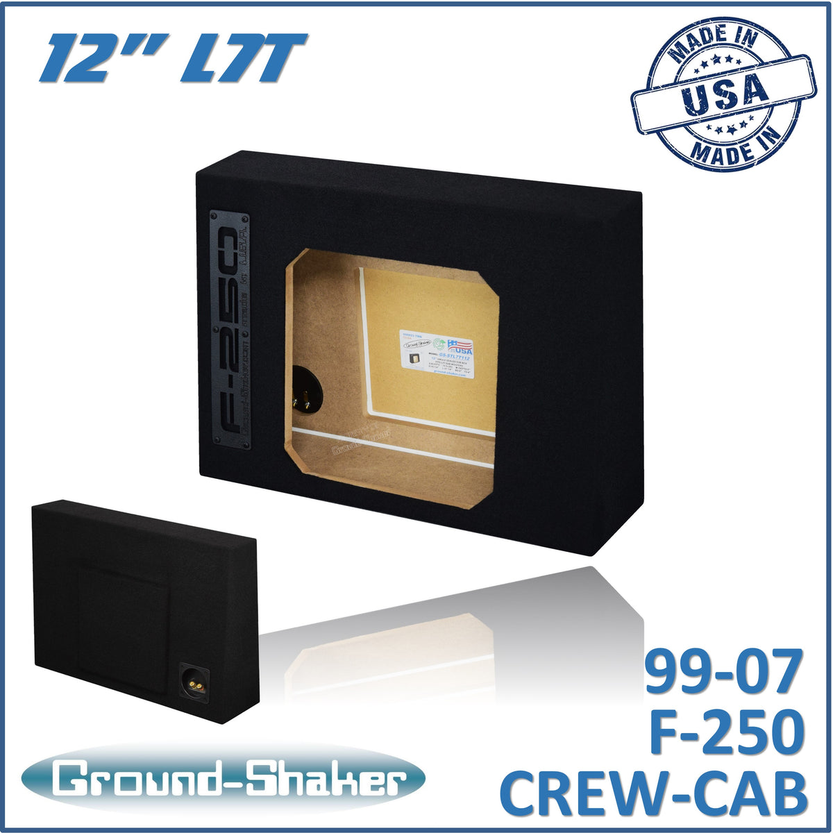 Ground Shaker GS-F250L7T112B single 12 inch sealed L7T subwoofer enclosure for 99-07 Ford F-250 Crew Cab, front view