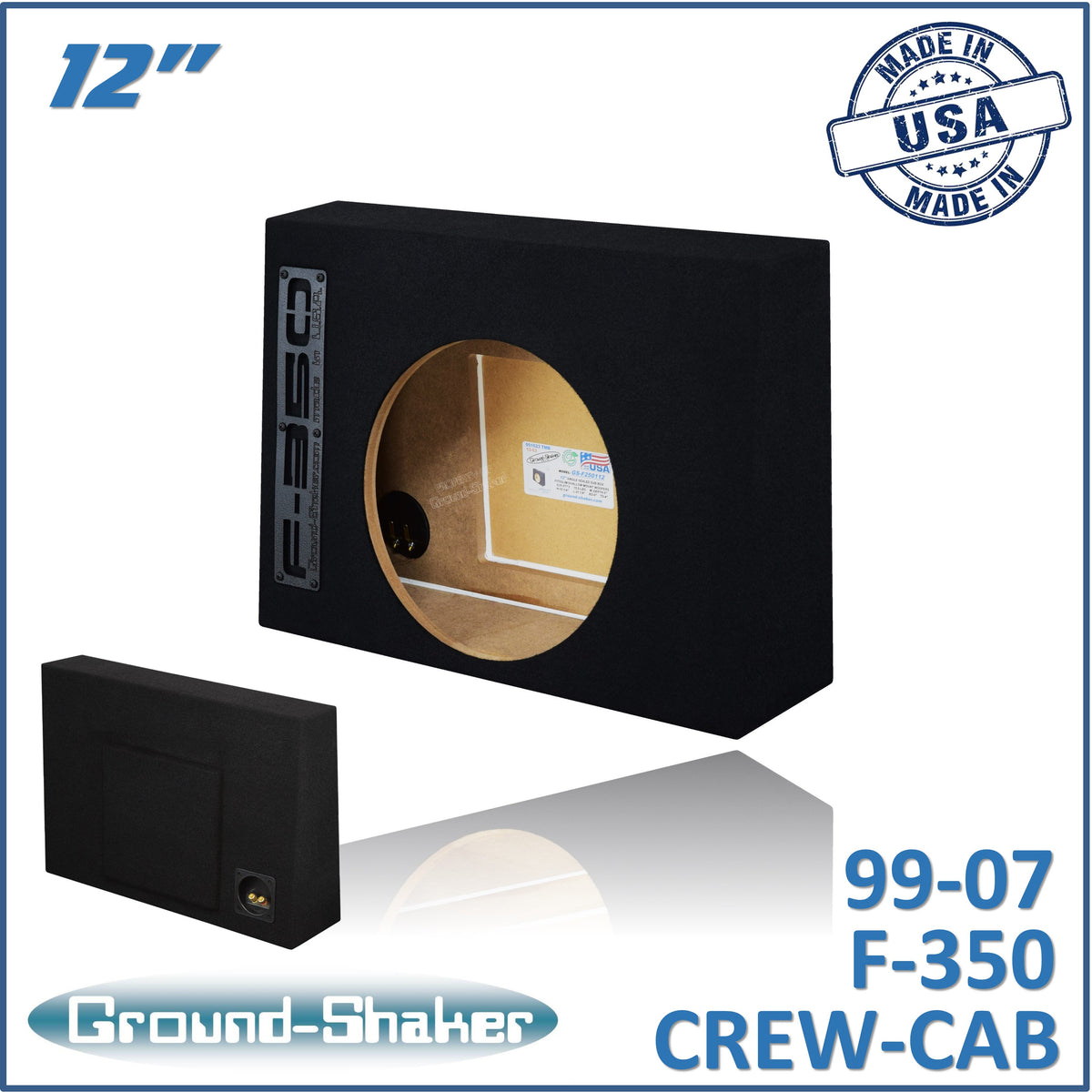 Ground Shaker single 12 inch sealed sub box for 99-07 Ford F-350 Crew Cab, front view