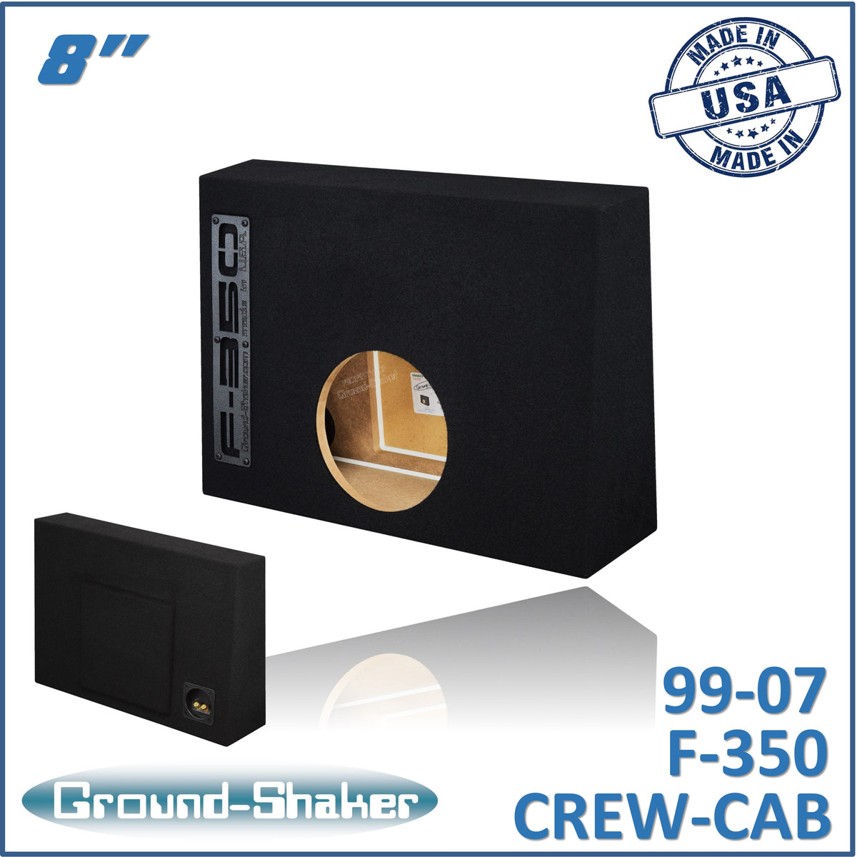 Ground Shaker single 8 inch sealed sub box for 99-07 Ford F-350 Crew Cab, front view