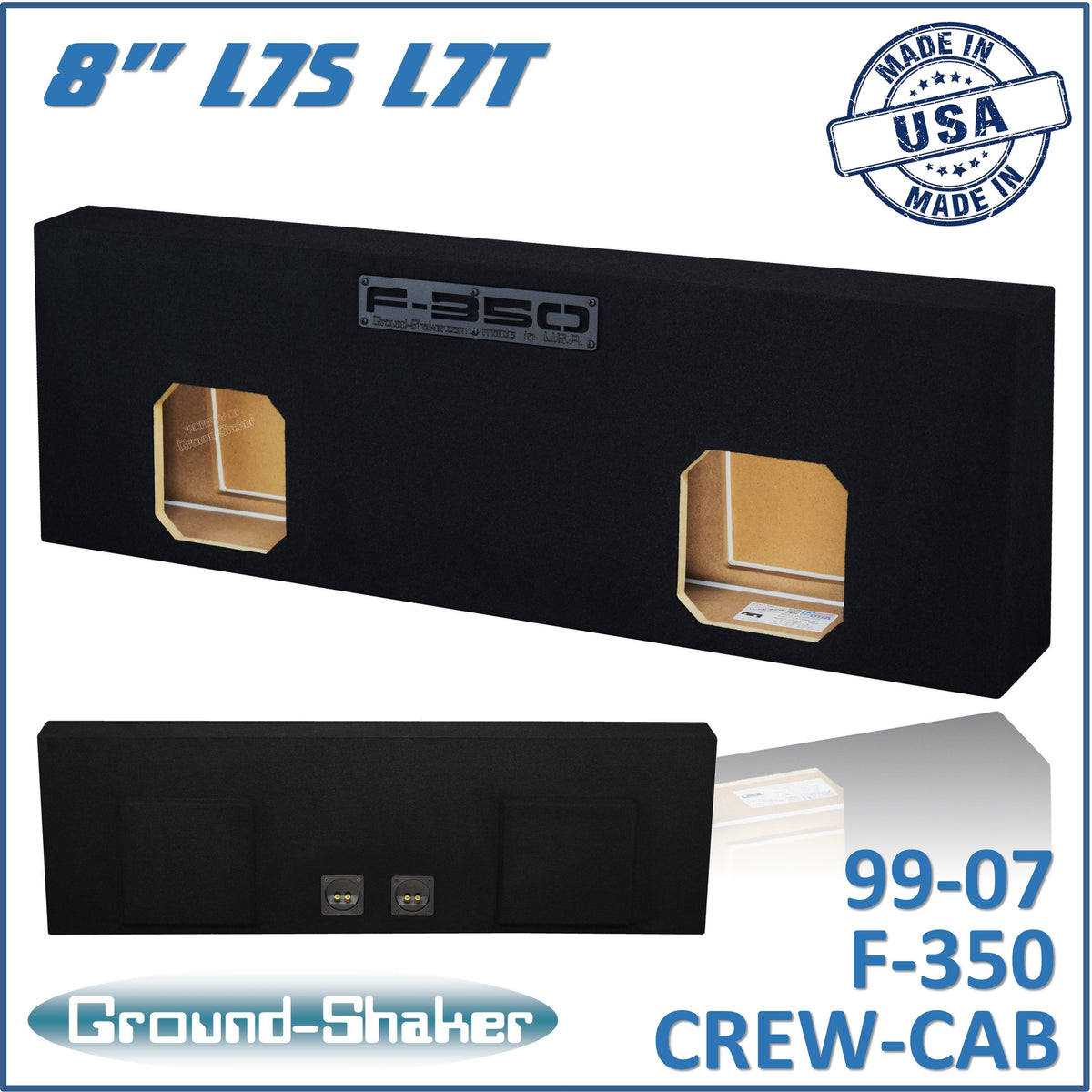 Ground Shaker GS-F350KK28B dual 8-inch sealed Solo-Baric-style sub box for 99–07 Ford F-350 Crew Cab, front view