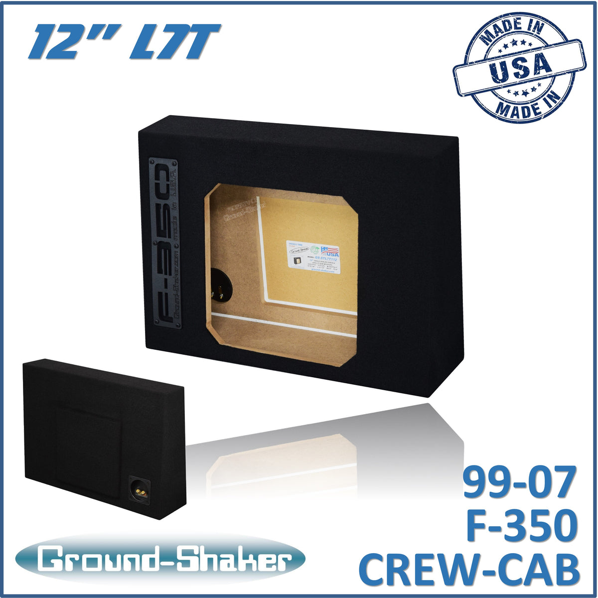 Ground Shaker GS-F350L7T112B 12-inch single sealed L7T sub box for 99–07 Ford F-350 Crew Cab, front view