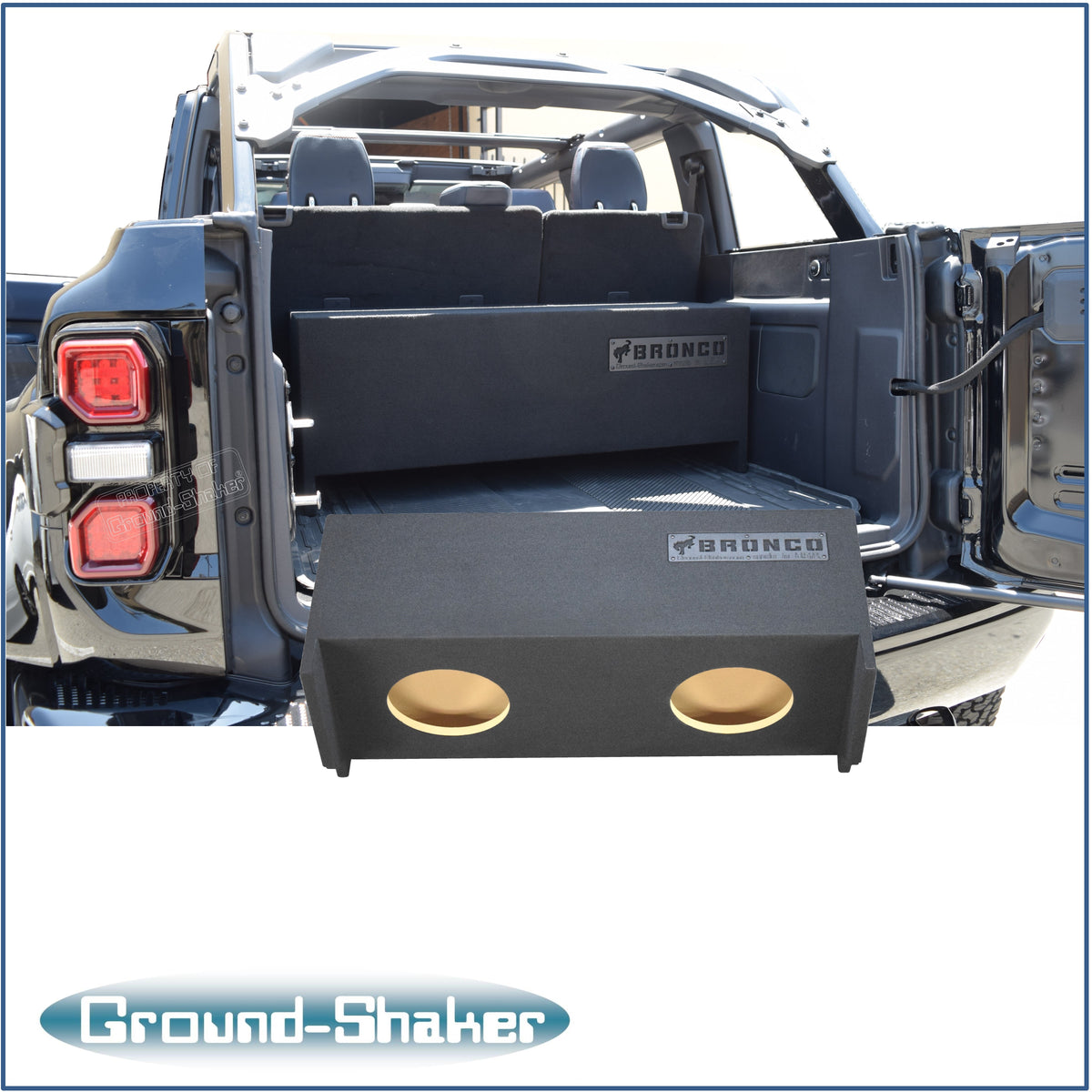 Ground Shaker GS-FB210B enclosure installed behind Ford Bronco rear seat