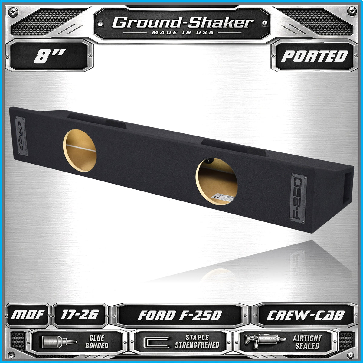 Ground Shaker dual 8 inch ported sub box for 17–26 Ford F-250 Crew Cab, front view