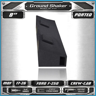 Dual 8 inch ported enclosure for 17–26 Ford F-250 Crew Cab, angle view