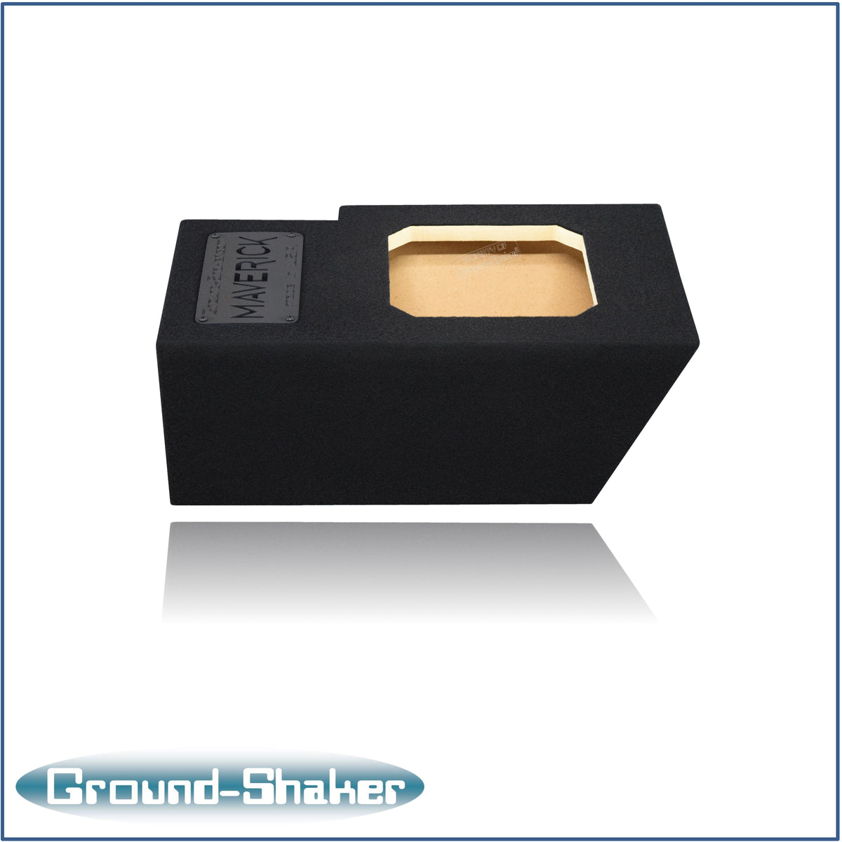 Ground Shaker 8 inch square-cut sealed sub box installed under Ford Maverick rear seat