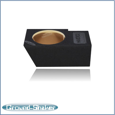 Ground Shaker single 10 inch sealed sub box installed under Ford Maverick rear seat passenger side