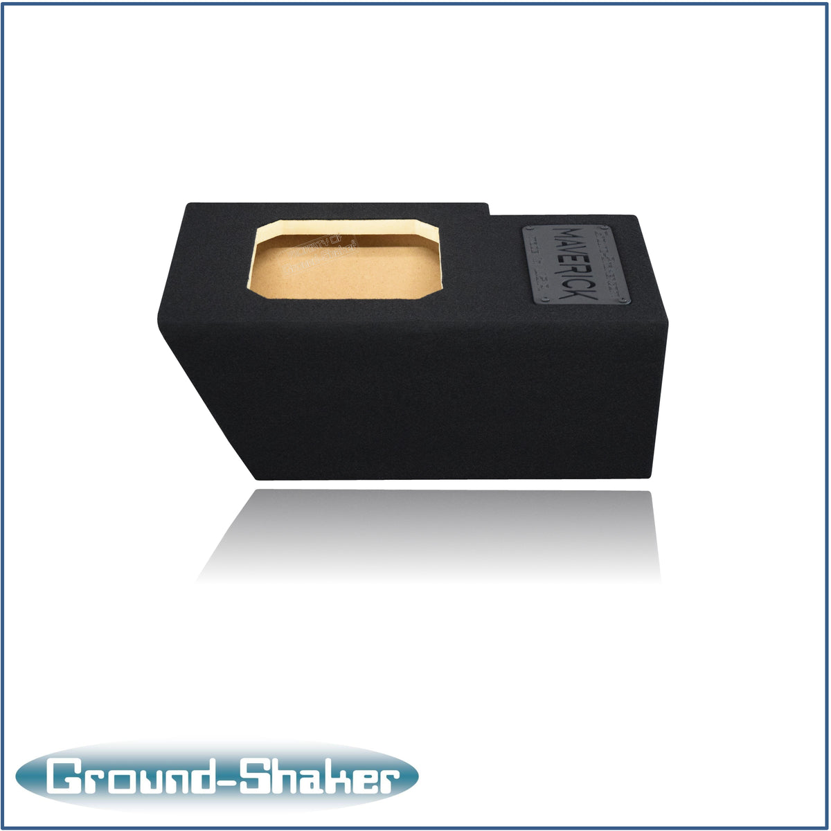 Ground Shaker 8 inch square-cut sealed sub box installed under Ford Maverick rear seat passenger side