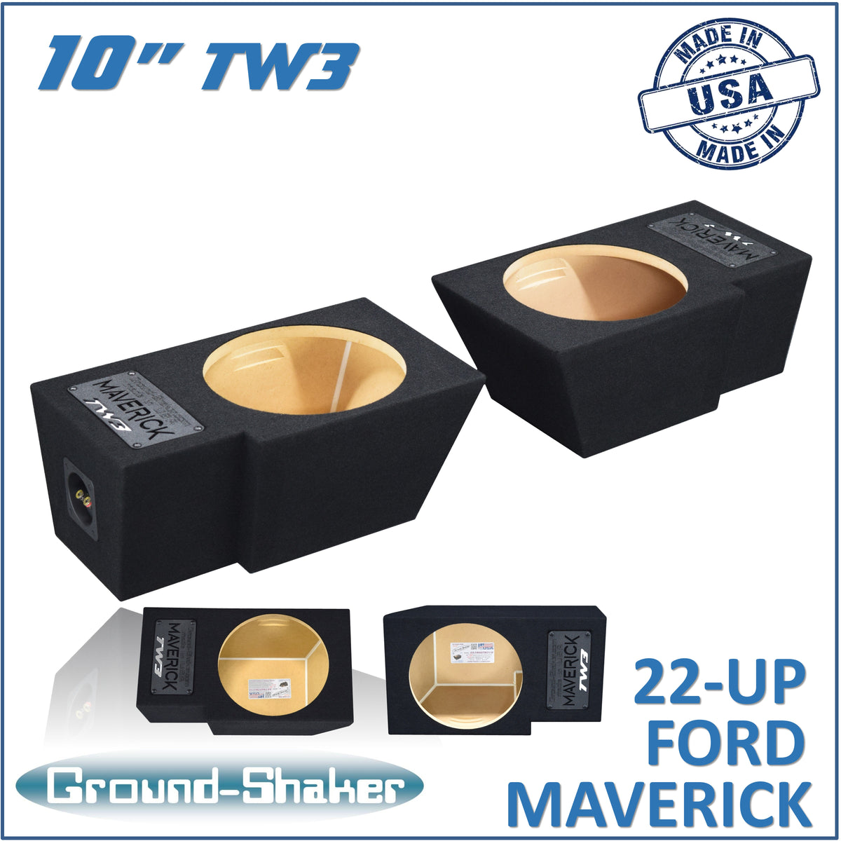Ground Shaker GS-FMATW3210B dual 10 inch TW3 sealed subwoofer boxes for 22-Up Ford Maverick