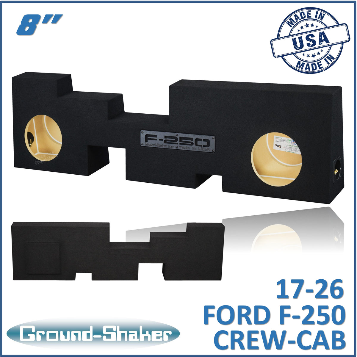 Ground Shaker dual 8 inch sealed subwoofer enclosure for 17-26 Ford F-250 Crew Cab, front view