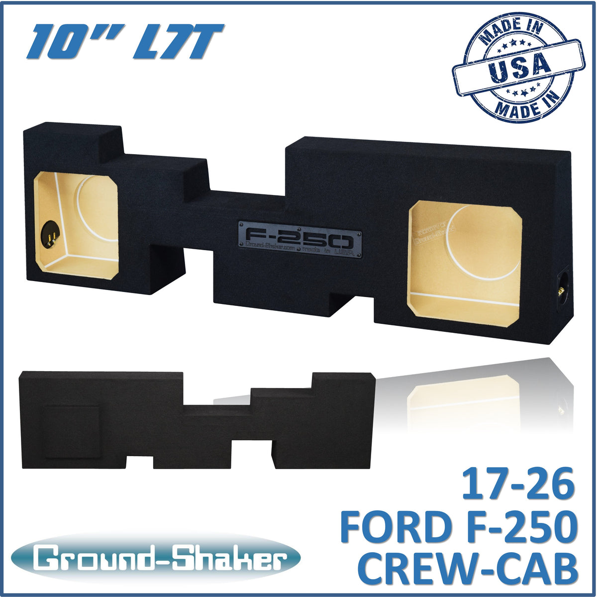 Ground Shaker GS-GF250L7T210B dual 10 inch sealed L7T subwoofer enclosure for 17-26 Ford F-250 Crew Cab, front view