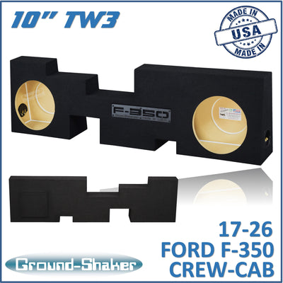 Ground Shaker GS-GF350TW3210B dual 10 inch TW3 sealed subwoofer enclosure for 17-26 Ford F-350 Crew Cab, front view