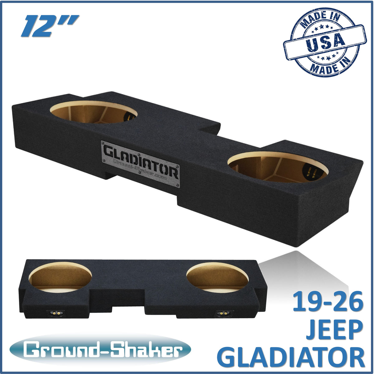 Ground Shaker GS-JPG212B carpeted subwoofer enclosure for the 2019–2026 Jeep Gladiator