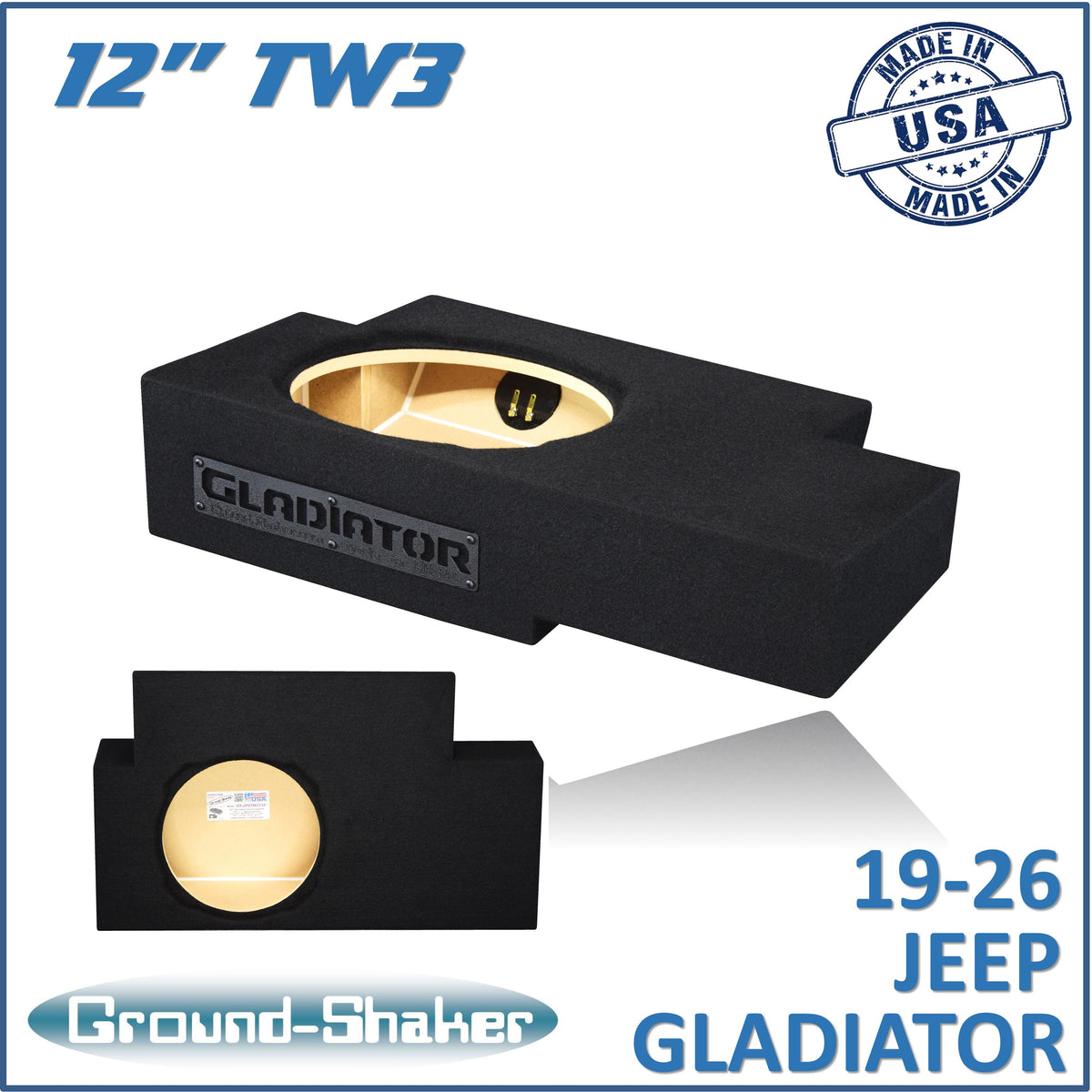 Ground Shaker GS-JPGTW3112B carpeted subwoofer enclosure for the 2019–2026 Jeep Gladiator