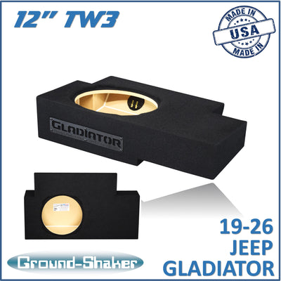 Ground Shaker GS-JPGTW3112B carpeted subwoofer enclosure for the 2019–2026 Jeep Gladiator