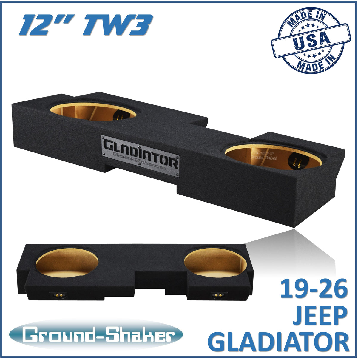 Ground Shaker GS-JPGTW3212B carpeted subwoofer enclosure for the 2019–2026 Jeep Gladiator