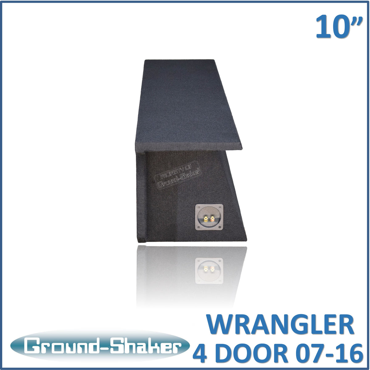 Ground Shaker GS-JPW4D210B carpeted subwoofer enclosure for the 2007–2022 Jeep Wrangler Unlimited (4-door), alternate angle