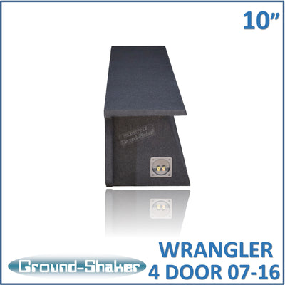 Ground Shaker GS-JPW4D210B carpeted subwoofer enclosure for the 2007–2022 Jeep Wrangler Unlimited (4-door), alternate angle