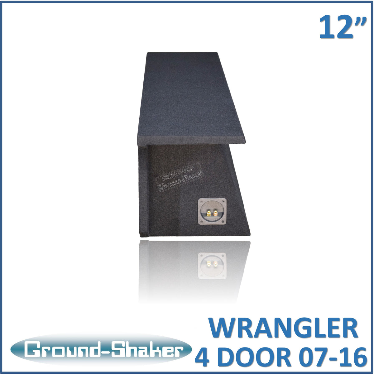 Ground Shaker GS-JPW4D212B carpeted subwoofer enclosure for the 2007–2022 Jeep Wrangler Unlimited (4-door), alternate angle