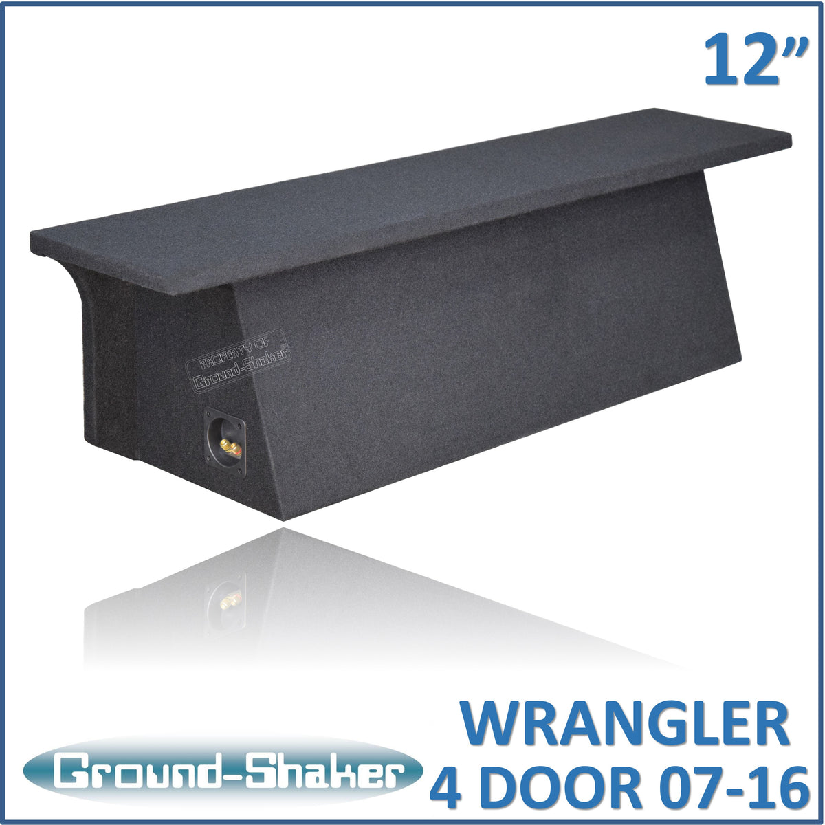 Ground Shaker GS-JPW4D212B carpeted subwoofer enclosure for the 2007–2022 Jeep Wrangler Unlimited (4-door), alternate angle