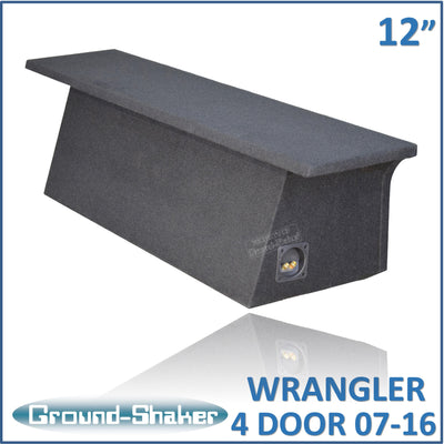 Ground Shaker GS-JPW4D212B carpeted subwoofer enclosure for the 2007–2022 Jeep Wrangler Unlimited (4-door), alternate angle