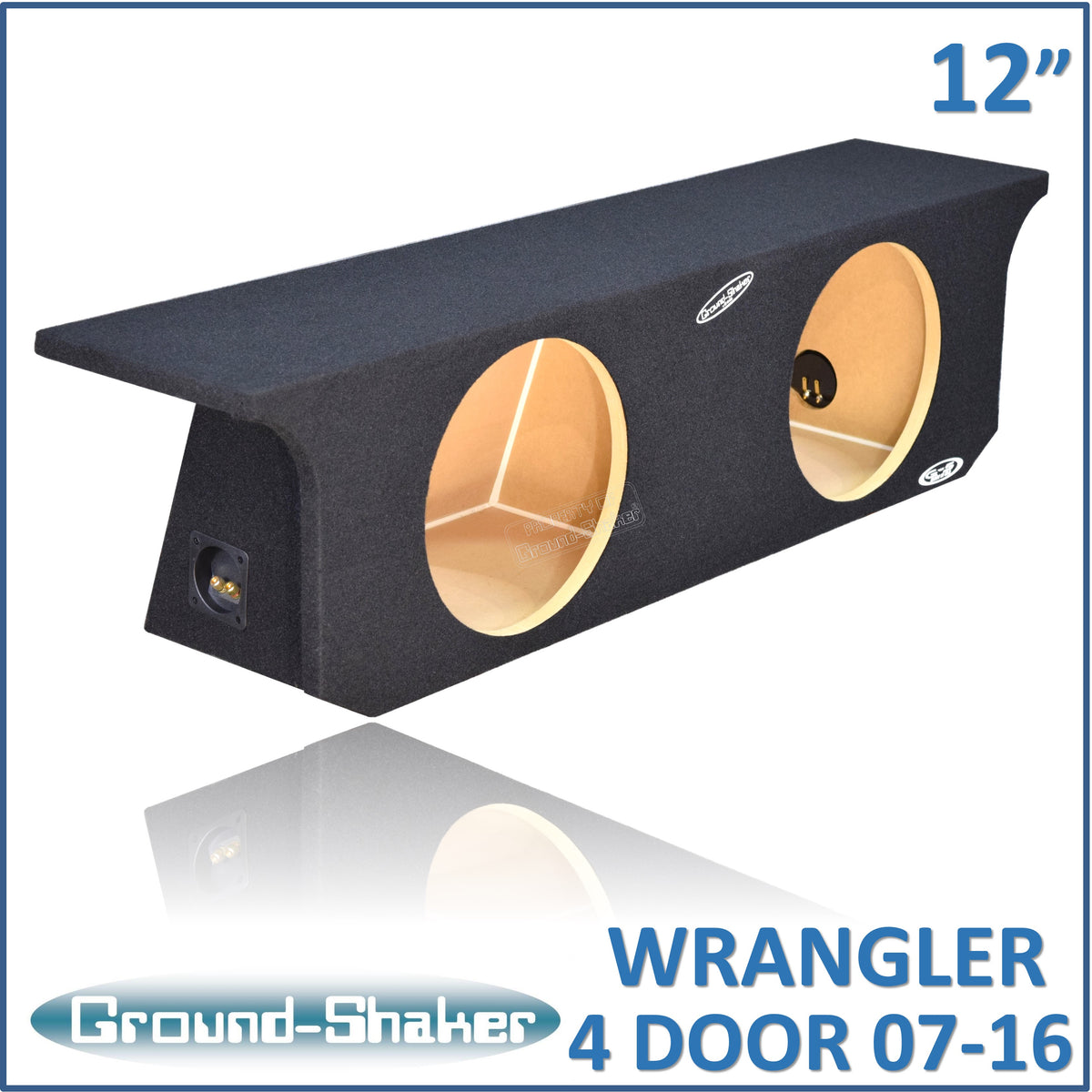 Ground Shaker GS-JPW4D212B carpeted subwoofer enclosure for the 2007–2022 Jeep Wrangler Unlimited (4-door), alternate angle