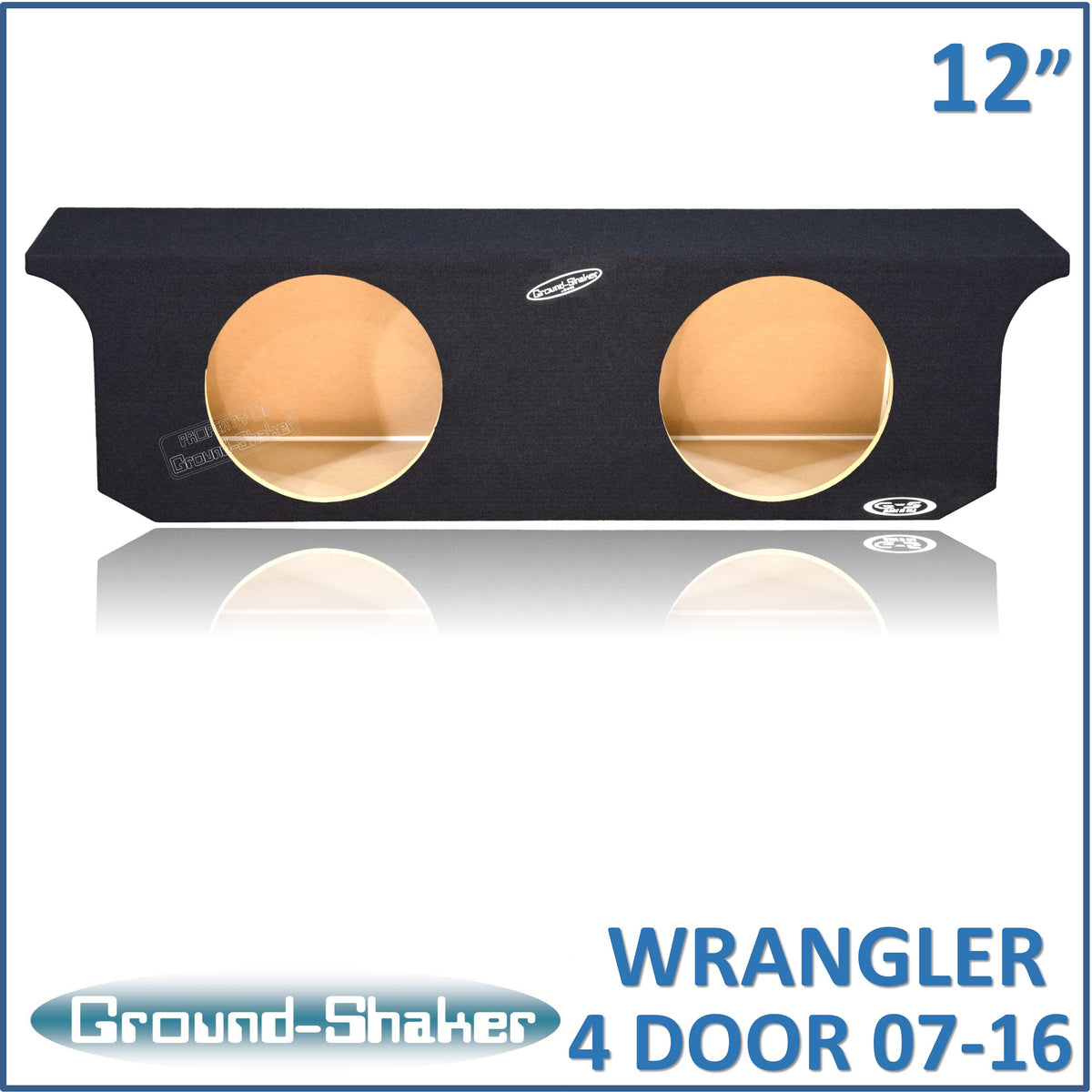 Ground Shaker GS-JPW4D212B carpeted subwoofer enclosure for the 2007–2022 Jeep Wrangler Unlimited (4-door), alternate angle