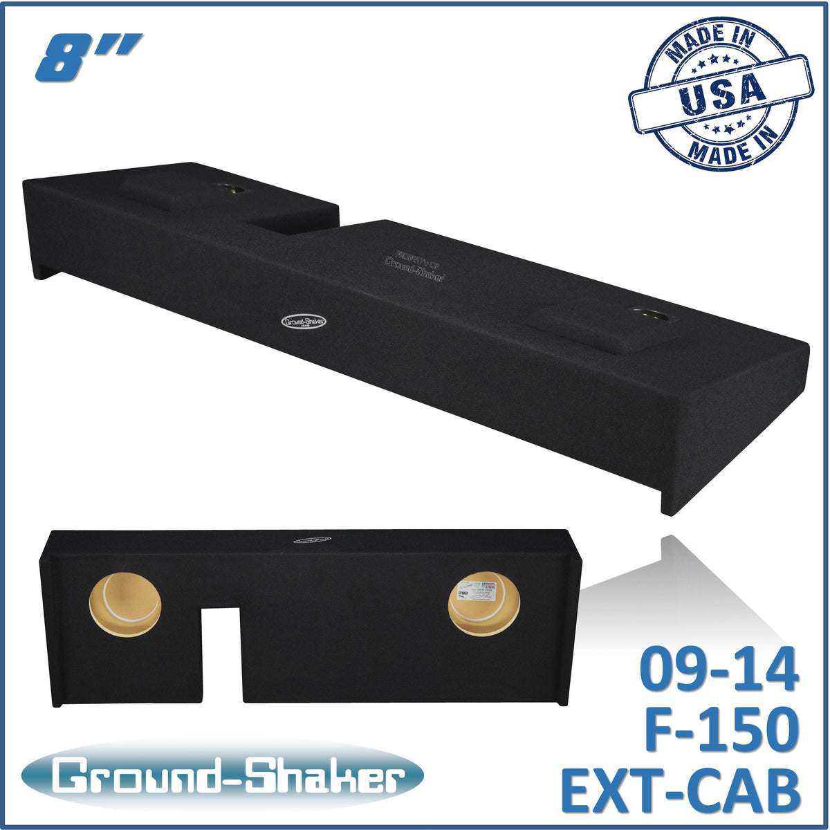 Ground Shaker GS-KF15028B dual 8-inch sealed subwoofer enclosure for Ford F-150 extended cab, shown in angled and profile view
