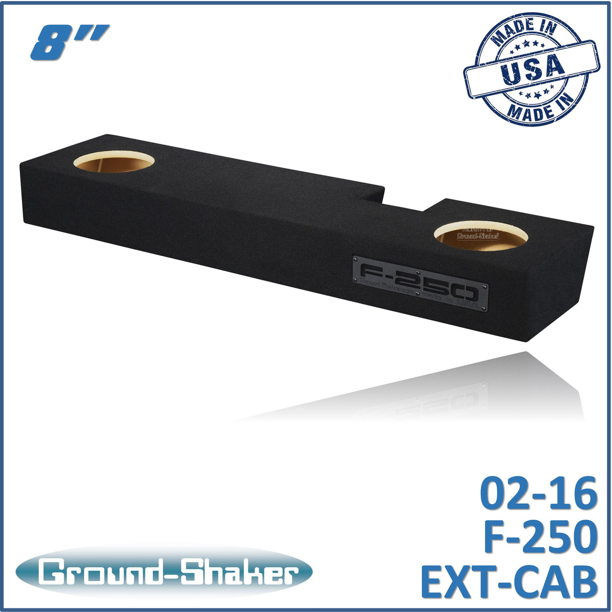 Ground Shaker dual 8 inch sealed subwoofer enclosure for 02-16 Ford F-250 Ext Cab, front view