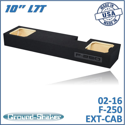 Ground Shaker dual 10 inch square Solo-Baric-style sealed enclosure for 02-16 Ford F-250 Ext Cab, front view