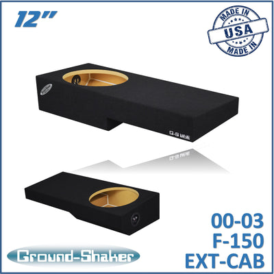 Ground Shaker GS-NF150112B black 12 inch single sealed sub box for 00–03 Ford F-150 Ext-Cab — front view