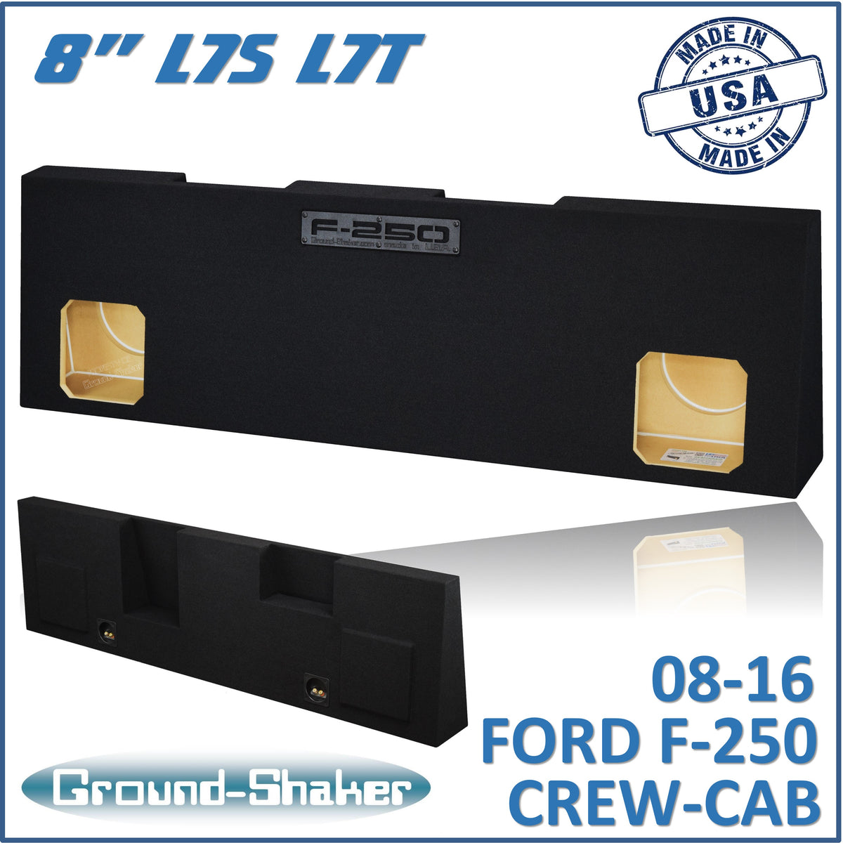Ground Shaker dual 8 inch square Solo-Baric-style sealed enclosure for 08-16 Ford F-250 Crew Cab, front view