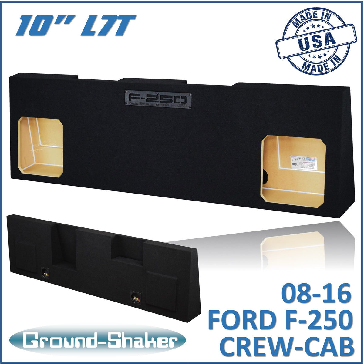 Ground Shaker dual 10 inch square Solo-Baric-style sealed enclosure for 08-16 Ford F-250 Crew Cab, front view
