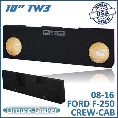 Ground Shaker dual 10 inch sealed TW3 subwoofer enclosure for 08-16 Ford F-250 Crew Cab, front view