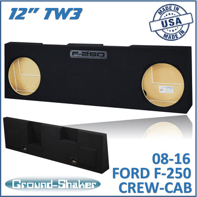 Ground Shaker dual 12 inch sealed TW3 subwoofer enclosure for 08-16 Ford F-250 Crew Cab, front view