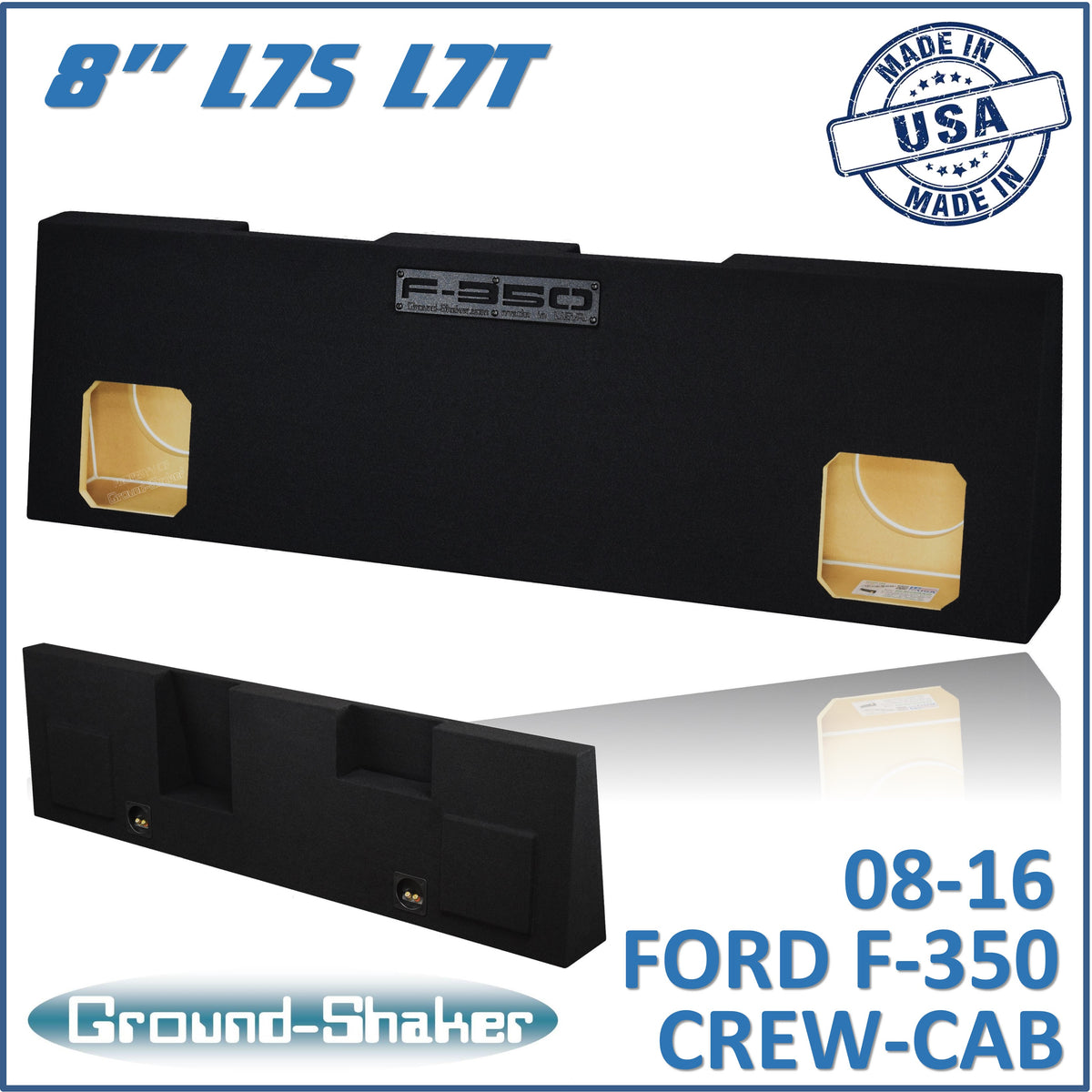 Ground Shaker dual 8 inch sealed Solo-Baric sub box for 08-16 Ford F-350 Crew Cab, front view