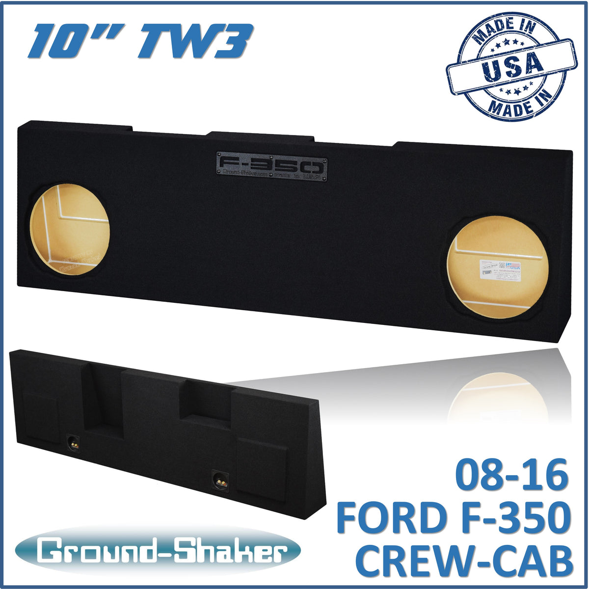 Ground Shaker dual 10 inch sealed TW3 sub box for 08-16 Ford F-350 Crew Cab, front view