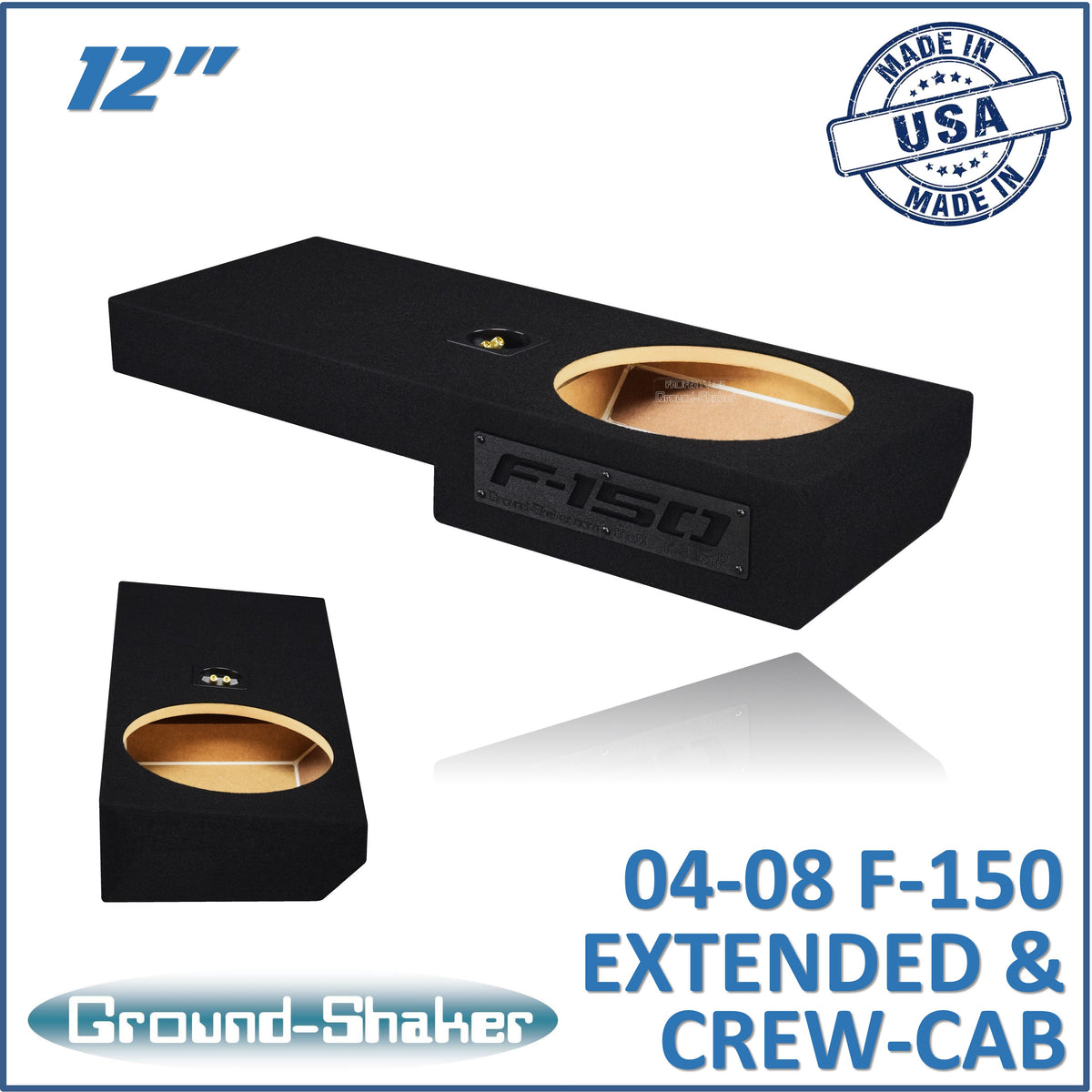 Ground Shaker GS-ZF150112B black 12 inch single sealed sub box for 2004–2008 Ford F-150 Ext-Cab and Crew-Cab — front view